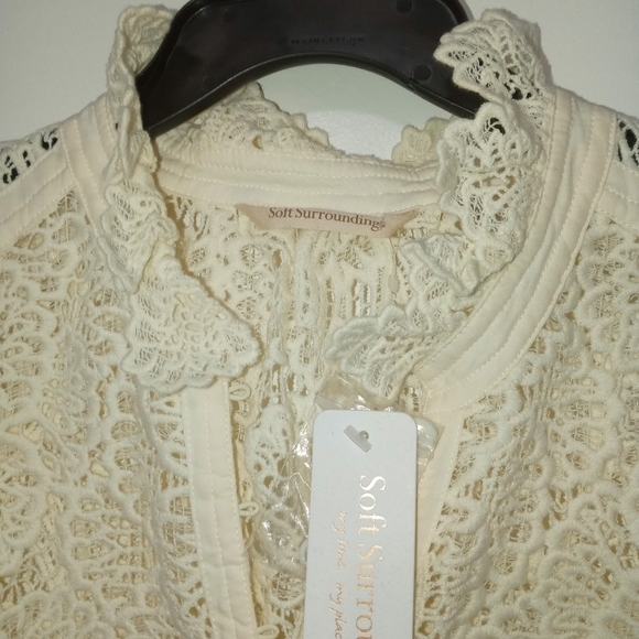 Soft Surroundings Lasalle Lace Floral Long Sleeve Sheer Ruffle Neck Cami Blouse - Picture 7 of 12